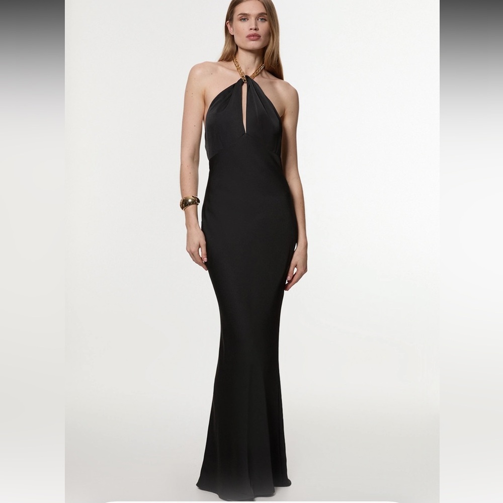 NWT! Karen Millen Satin Back Crepe Chain Detail Bias Midi Dress Sz. 8 US / 12 UK